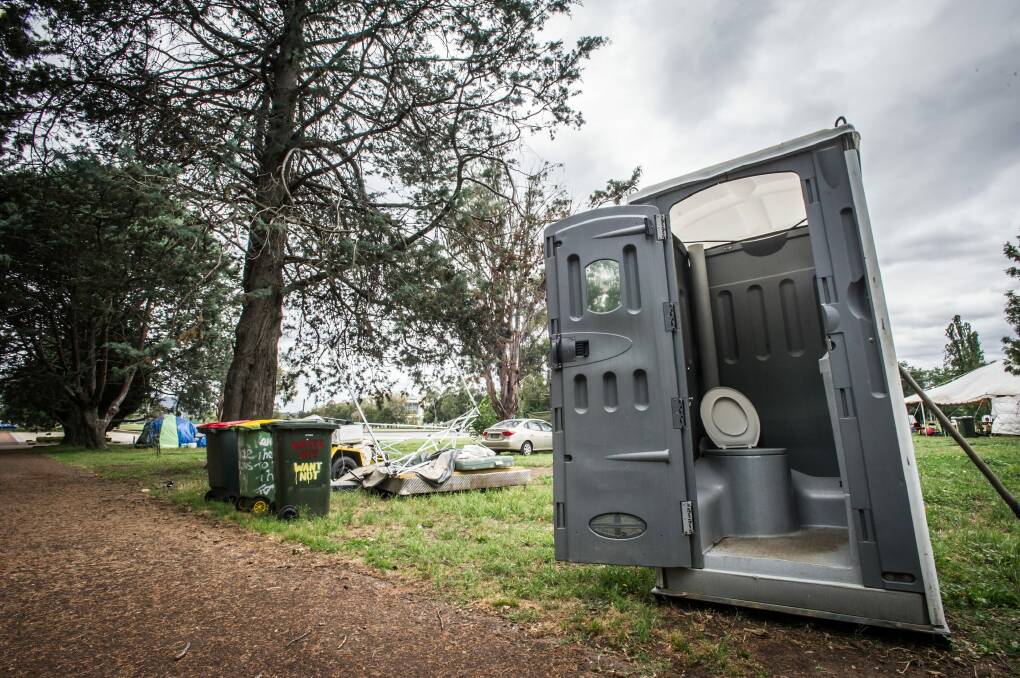 One of the two porta-loos remaining at the Aboriginal Tent Embassy site on Tuesday. Photo: karleen minney