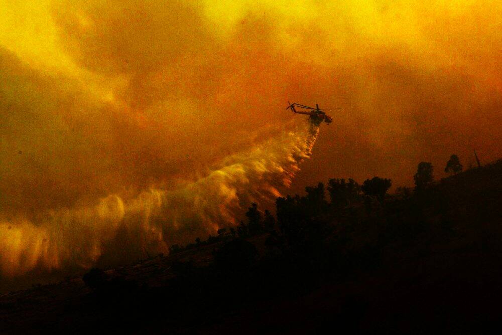 A helicopter water bombs a pine plantation near the Brindabellas during the 2003 Canberra bushfires.  Photo: Nick Moir