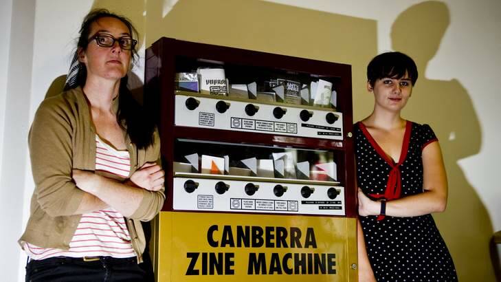 Canberra Zine vending machine being unveiled for the You Are Here festival with artists Nat Clark and Chiara Grassia who are behind the project. Photo: Jay Cronan