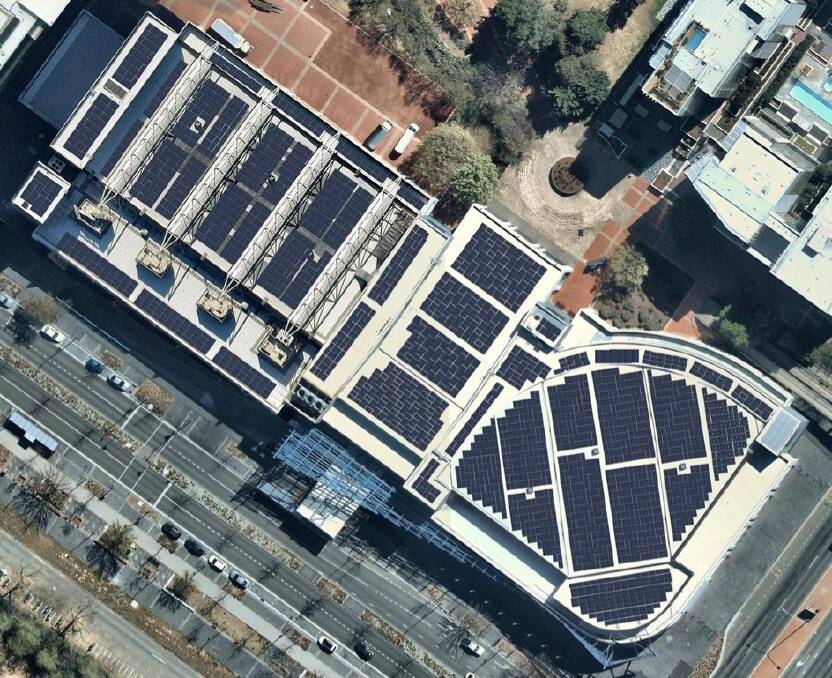 The Canberra Convention Centre covered in solar panels.  Photo: Supplied