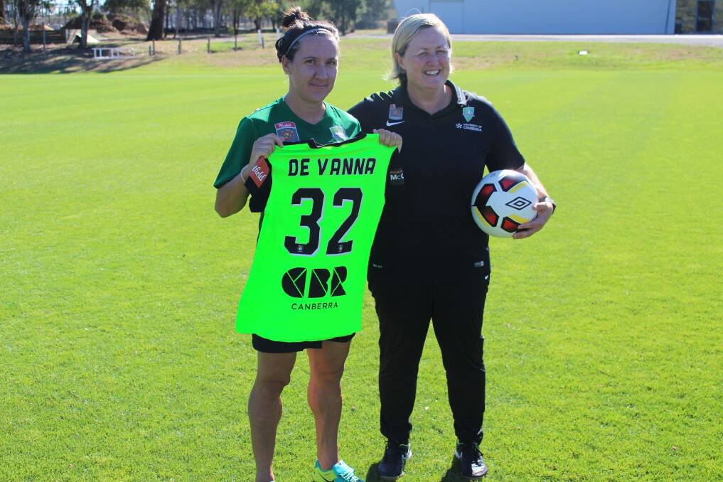 Canberra United recruit Lisa de Vanna with coach Rae Dower after the Matildas captain signed a deal to play in the W-League. Photo: Capital Football