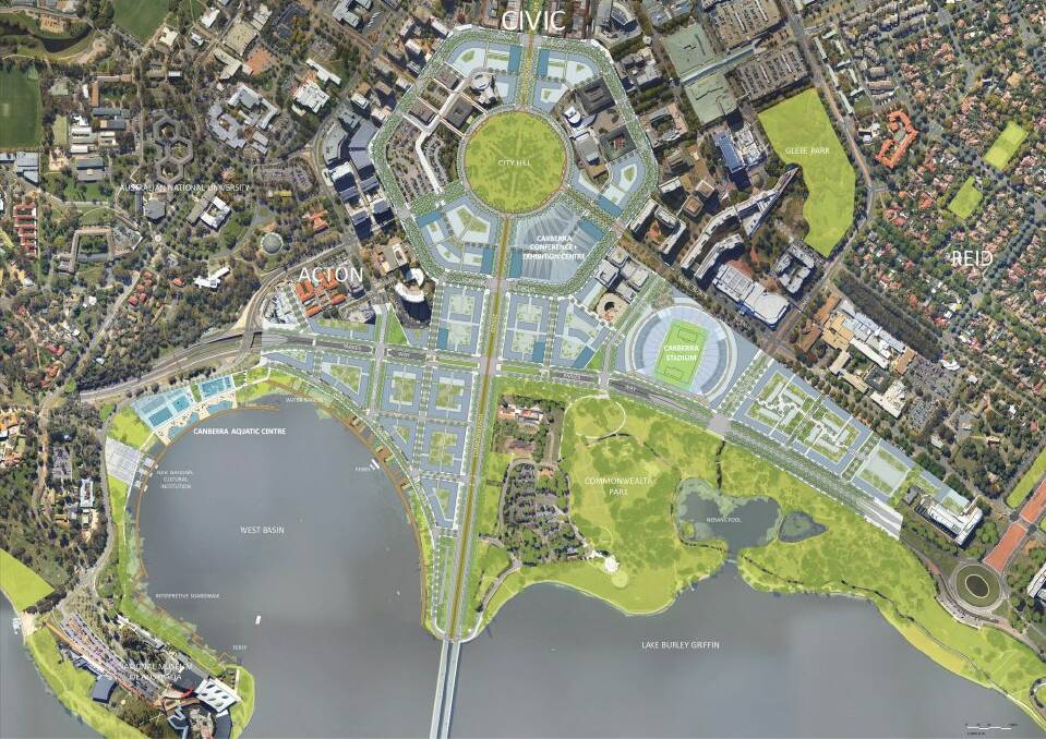 The proposed development around City Hill and West Basin: The scheduled land sales are immediately to the west of Commonwealth Avenue and the north of Parkes Way with development of West Basin still years off. The pool site is at the right, and the stadium site towards the left of the picture.