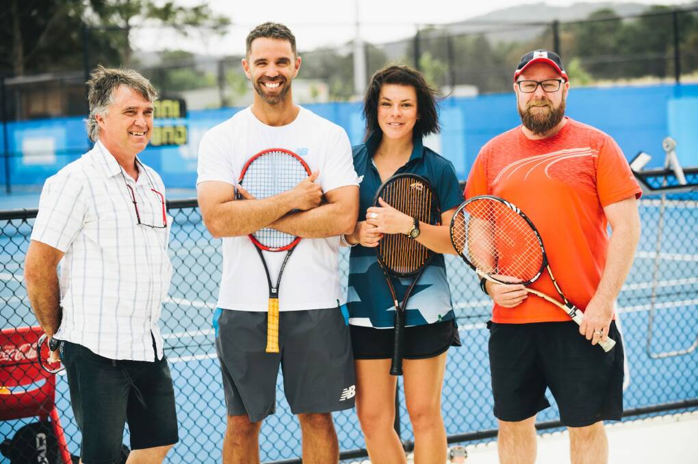 A healthy partnership: Ted Noffs Foundation youth worker James Costello, Canberra Tennis Centre director Reza Tompsett, Tennis coach Airlie Chalmers and Manteena marketing manager Richard Harriss. Photo: Rohan Thomson