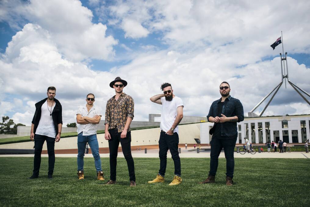 Canberra band, Drawing North who are performing at the Australia Day Concert on Sunday afternoon. From left, Ethan Sharp, Drew Southwell, Po, Jake Allen, and Chad Barnier.  Photo: Rohan Thomson
