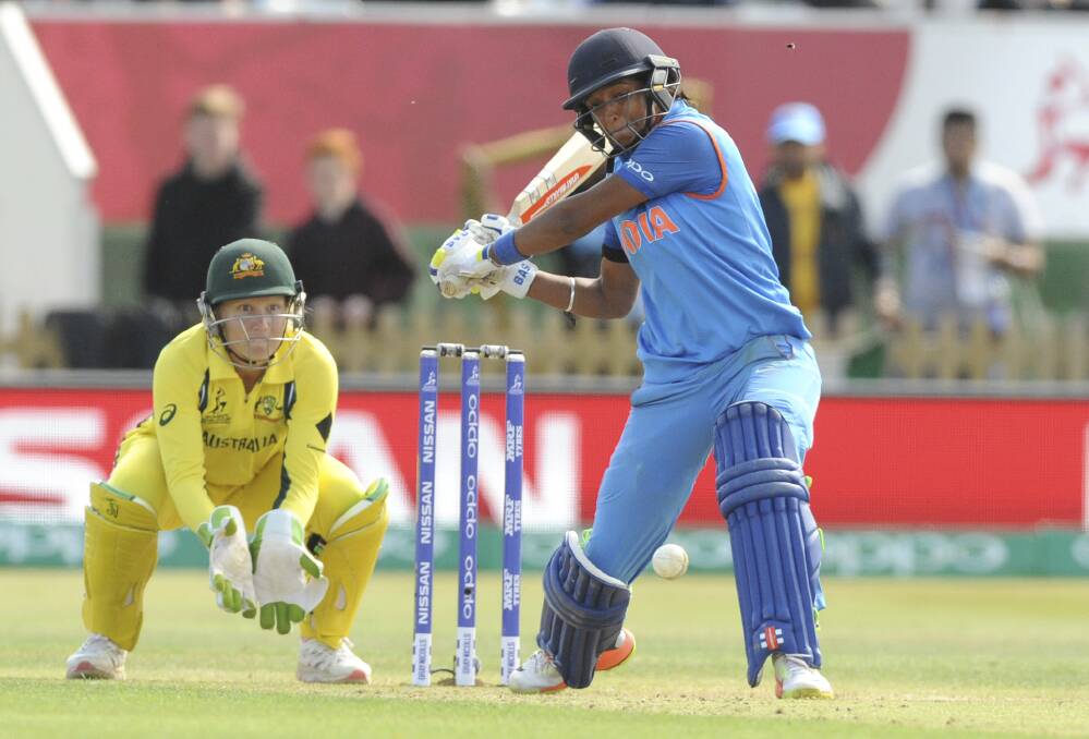 India's Harmanpreet Kaur plays a shot during the ICC Women's World Cup 2017 semi-final between Australia and India at County Ground in Derby, England. Photo: AP