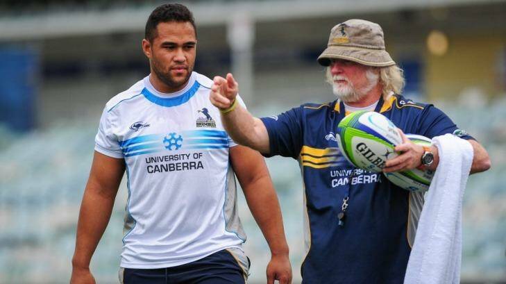Siliva Siliva with Laurie Fisher at Brumbies training on Thursday. Photo: Katherine Griffiths