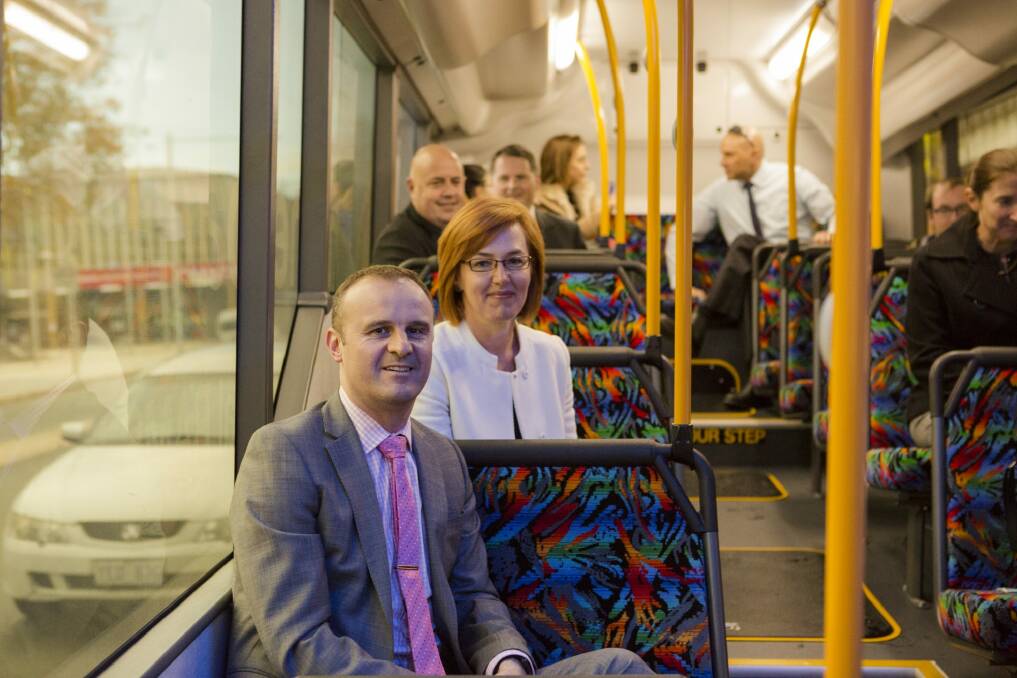 ACT Chief Minister Andrew Barr and Transport Minister  Meegan Fitzharris on the new "city loop" bus service. Photo: Jamila Toderas