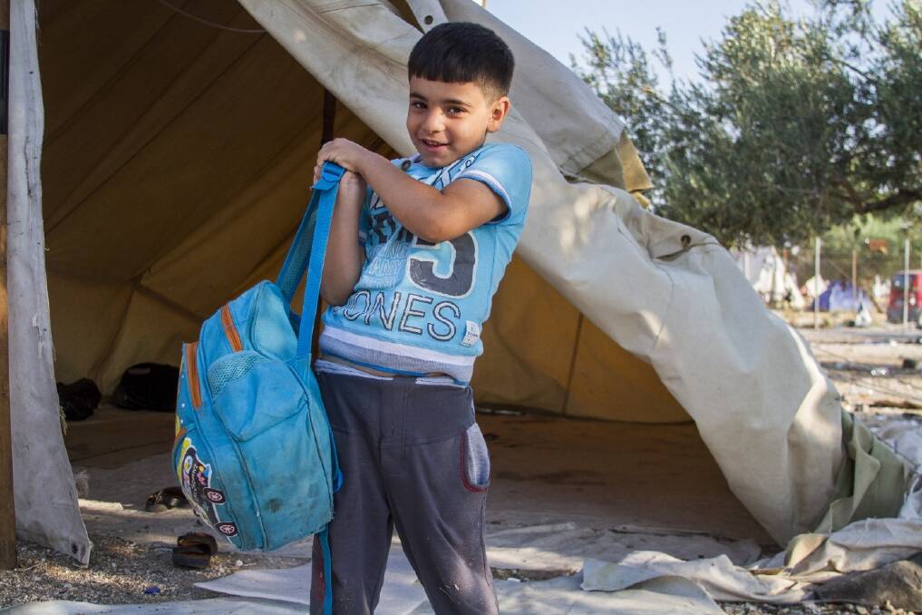 Omran, 6, fled Syria with his family carrying only this bag. Photo: International Rescue Committee