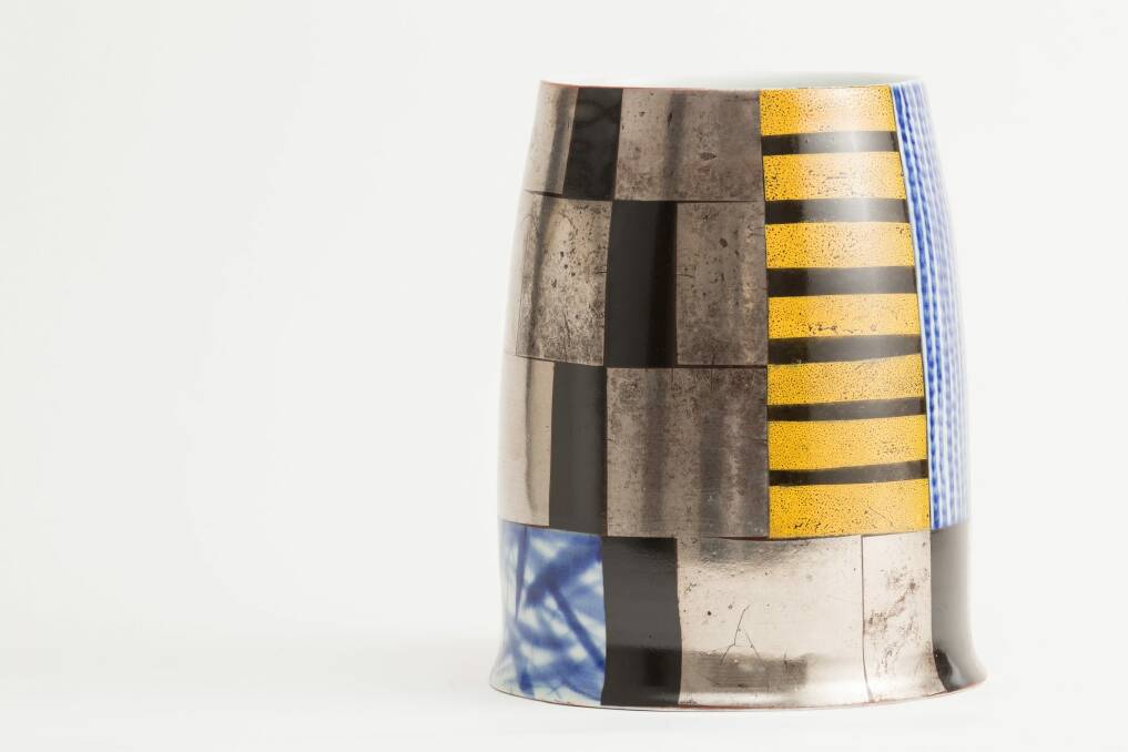 Kevin White. Vessel, porcelain with surface decoration in underglaze, enamels and decals, at Beaver Galleries, Deakin. Photo: Supplied
