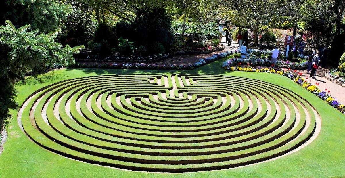 The charming turf labyrinth at Cockington Green, Canberra.  Photo: Supplied