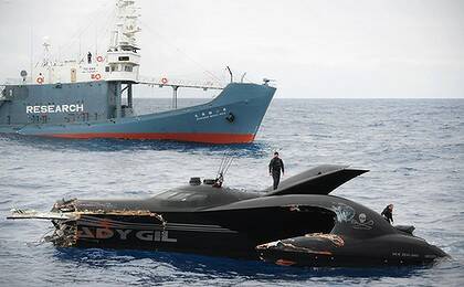 The Ady Gil after being rammed. Photo: JoAnne McArthur/Sea Shepherd