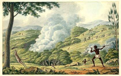 Working the land ... Joseph Lycett's c.1817 watercolour, Aborigines Using Fire to Hunt Kangaroos, depicts the innovative use of fire burning.