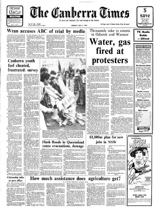The front page of The Canberra Times on May 2, 1983.