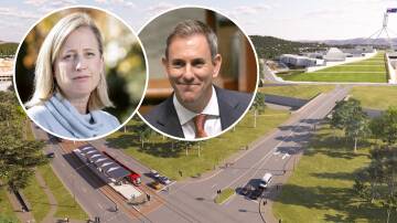 An artist's impression of stage 2B near Parliament House and, inset, Finance Minister Katy Gallagher and Treasure Jim Chalmers. Pictures supplied, ACM