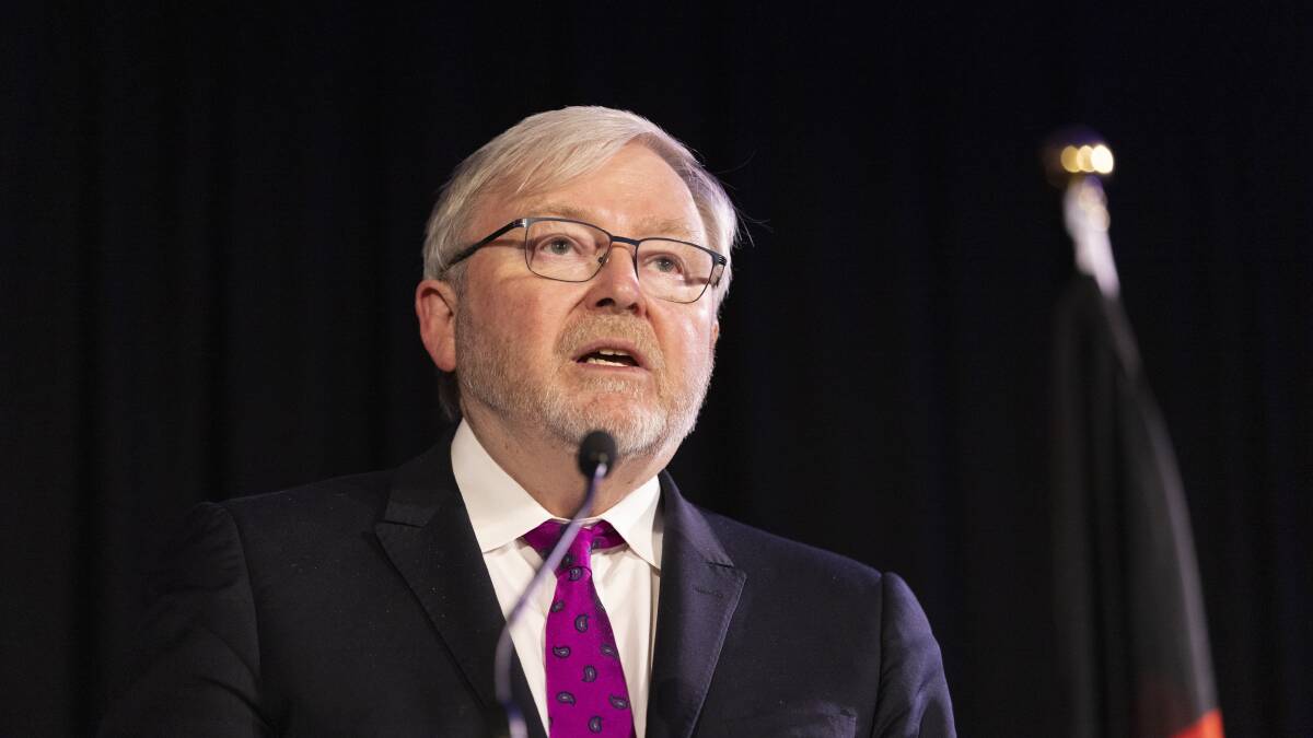 Former prime minister Kevin Rudd delivers his speech on China and President Xi at ANU's JG Crawford Oration on Monday night. Picture by Keegan Carroll