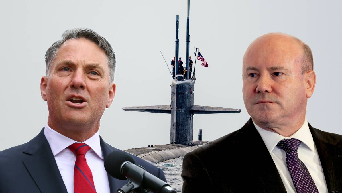 Deputy Prime Minister Richard Marles, left, a Virginia class submarine, centre, and Defence secretary Greg Moriarty, right. Pictures by Rodney Braithwaite, Keegan Carroll and US Department of Defense