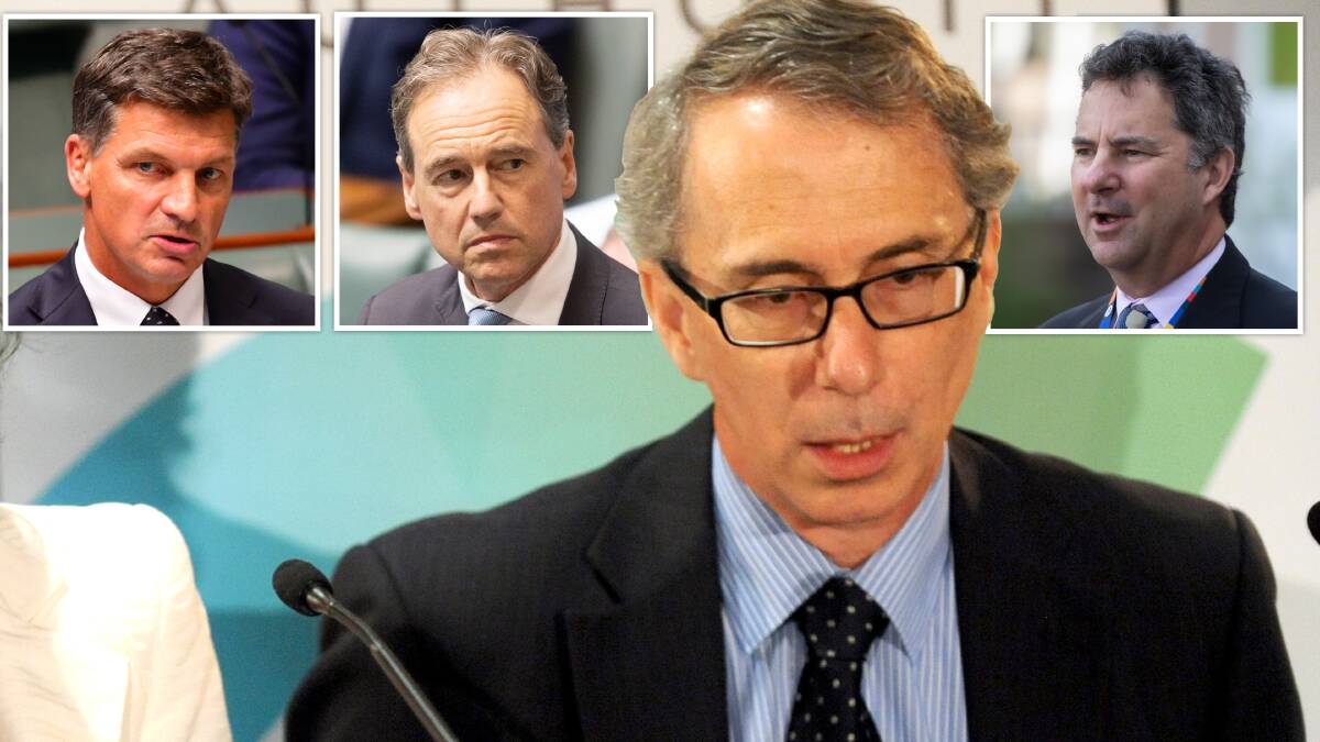 Leading climate scientist Professor David Karoly with Energy Minister Angus Taylor (inset left), Health Minister Greg Hunt (inset middle) and CSIRO chief executive Larry Marshall (inset right). Pictures: AAP, Elesa Kurtz, Sitthixay Ditthavong, Karleen Minney