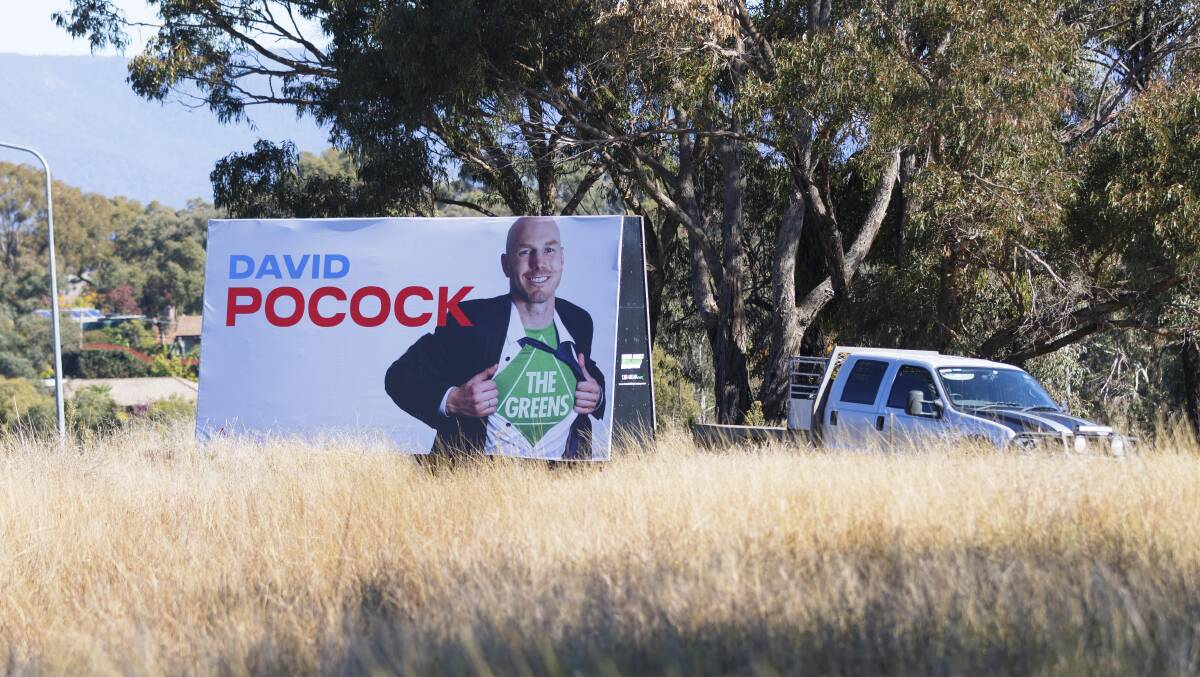 An election campaign poster from Advance Australia falsely depicting David Pocock as an undercover Greens candidate. Picture by Keegan Carroll