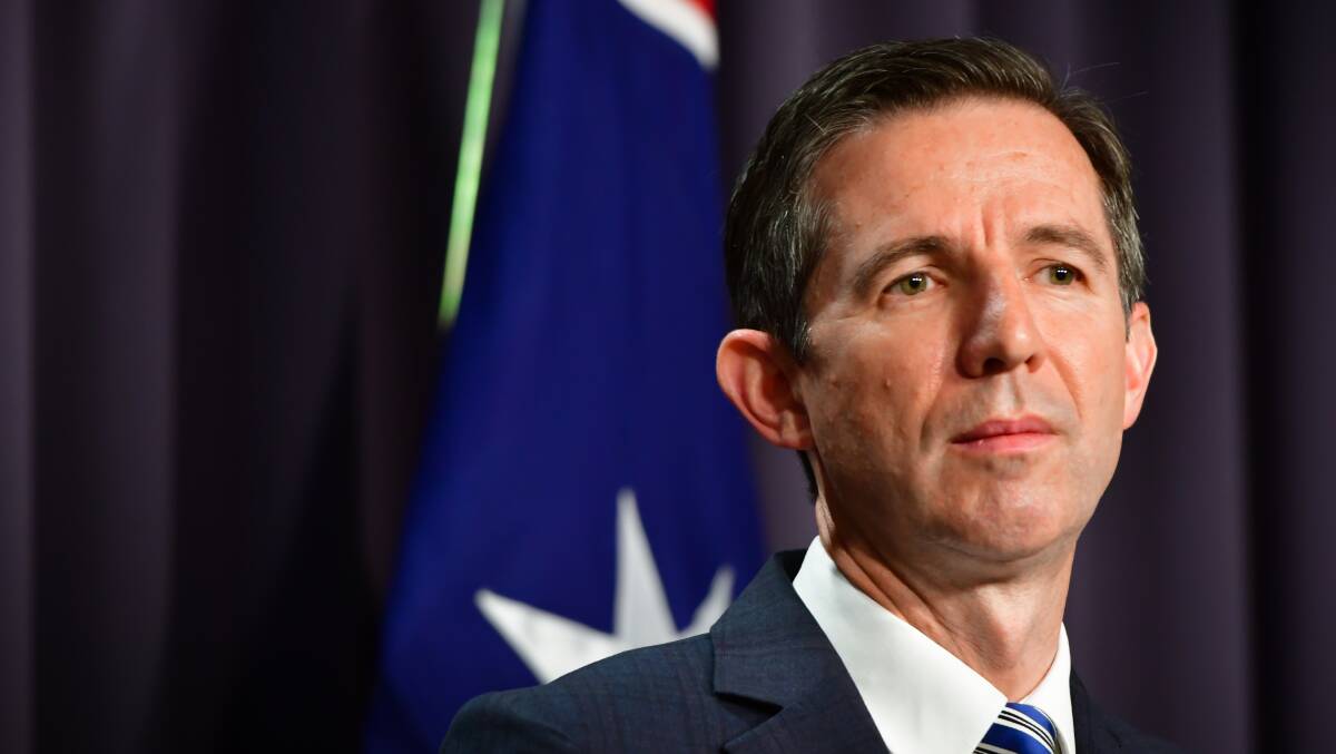 Finance Minister Simon Birmingham holds a press conference for the release of 2021-22 MYEFO. Picture: Elesa Kurtz