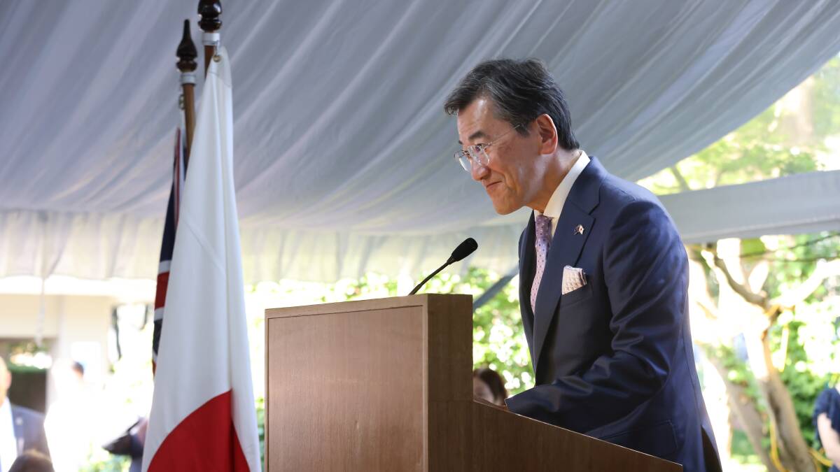 Japanese Ambassador Shingo Yamagami speaking at the Emperor's Birthday event held at his residence. Picture by James Croucher