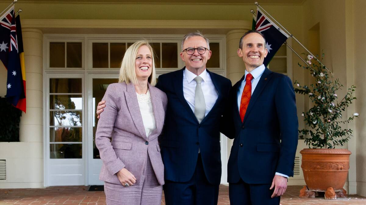 Prime Minister Anthony Albanese with his minsters from the ACT, Katy Gallagher and Andrew Leigh. Picture: Elesa Kurtz