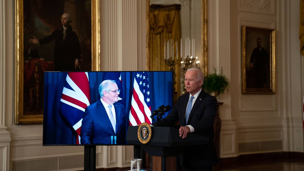 US President Joe Biden and Prime Minister Scott Morrison appear during a joint announcement on the formation of the AUKUS deal. Picture: Getty Images