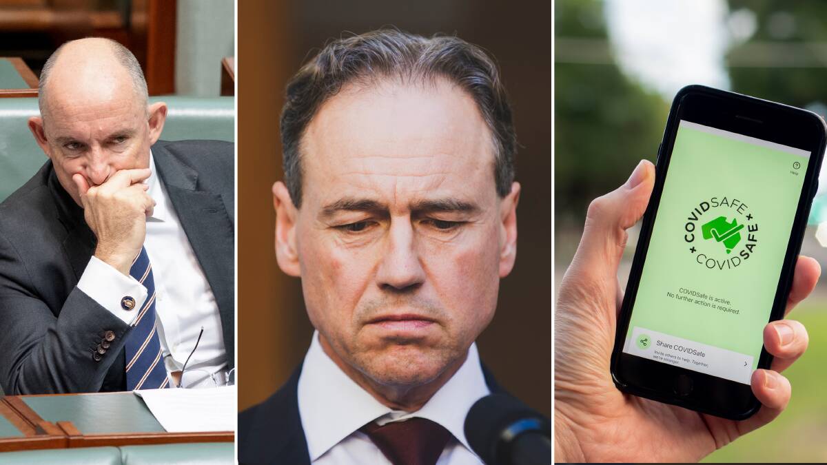 Health Minister Greg Hunt (centre) and Employment Minister Stuart Robert (left) defend the COVIDSafe app (right) as playing 