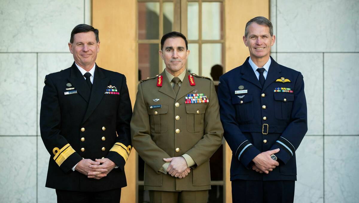 From left, Rear-Admiral Mark Hammond AM, RAN, Major-General Simon Stuart AO, DSC, and Air Vice-Marshal Robert Chipman AM, CSC, at Parliament House in Canberra. Picture Department of Defence