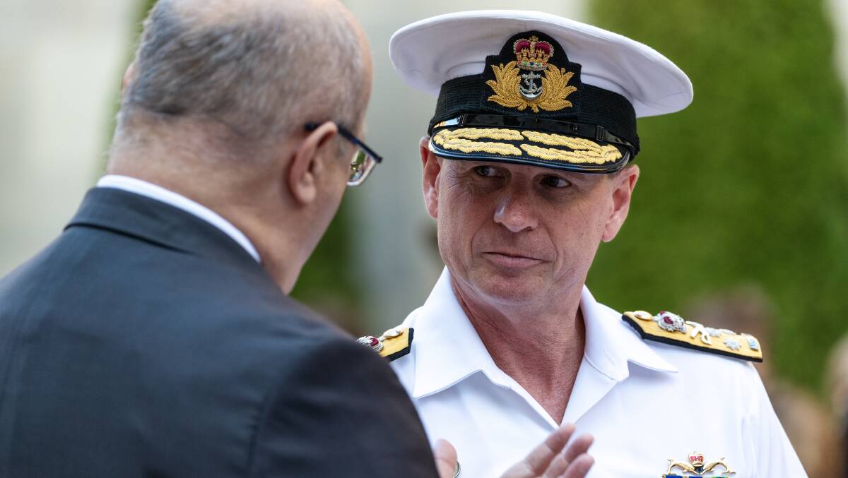 Chief of Navy Vice-Admiral Mark Hammond, AM, RAN, speaks with Ambassador of France to Australia His Excellency Mr. Jean-Pierre Thébault at the Australian War Memorial in Canberra. Picture Department of Defence