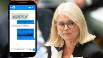 Home Affairs Minister Karen Andrews and a representation of the text messages. Picture: Sitthixay Ditthavong