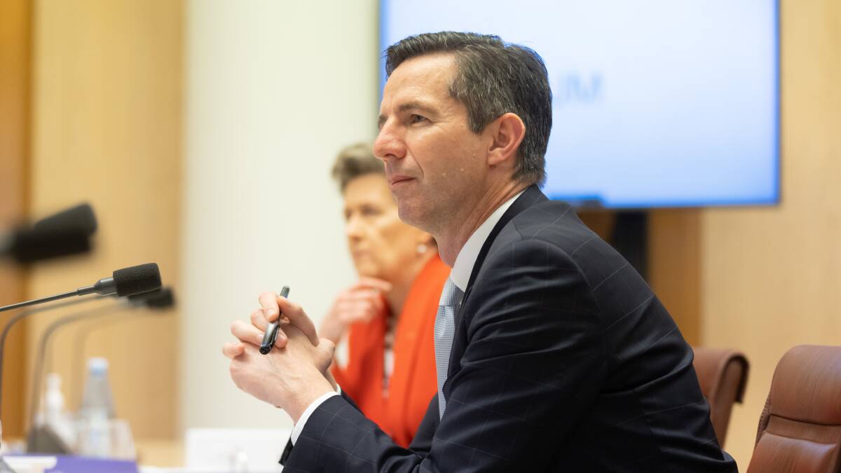 Department of Finance Secretary Rosemary Huxtable and Finance Minister Simon Birmingham in Senate Estimates on Tuesday. Picture: Sitthixay Ditthavong