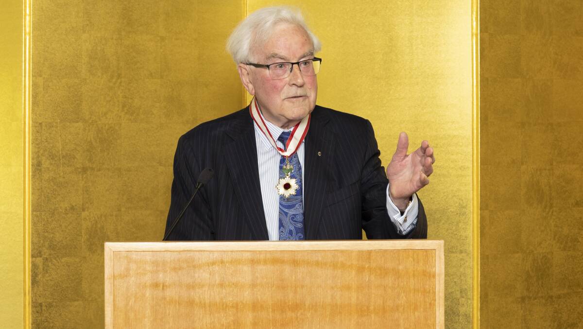 Australian National University emeritus professor Dr Paul Dibb AM was awarded an Order of the Rising Sun medal by Japanese ambassador Shingo Yamagami on Friday. Picture by Keegan Carroll