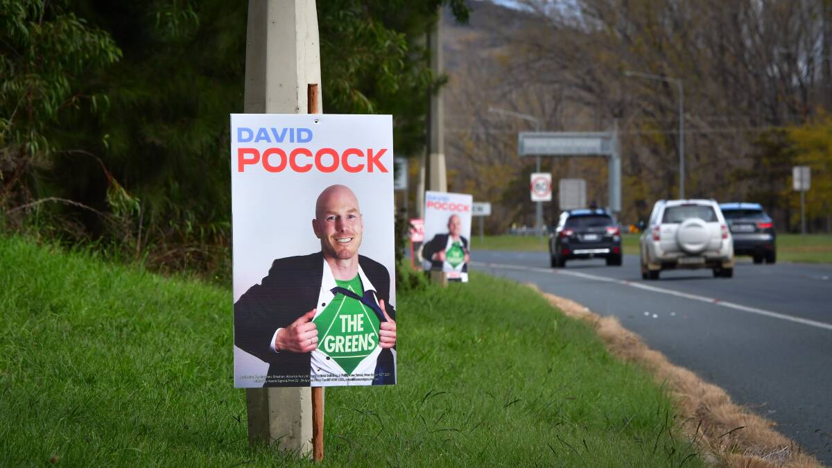 An Advance Australia corflute depicting then-Senate candidate David Pocock as an undercover member of The Greens. Picture by Elesa Kurtz