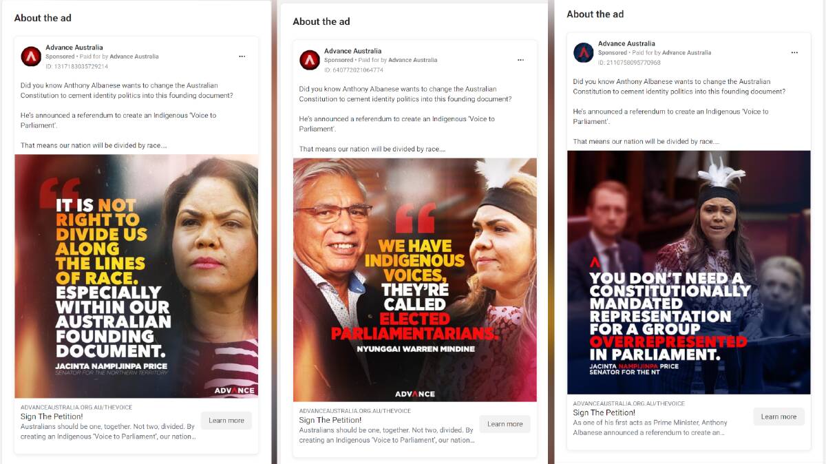 Advance Australia ads using quotes by former spokesperson Senator Jacinta Nampijinpa Price, who opposes the Voice to Parliament. Pictures Facebook