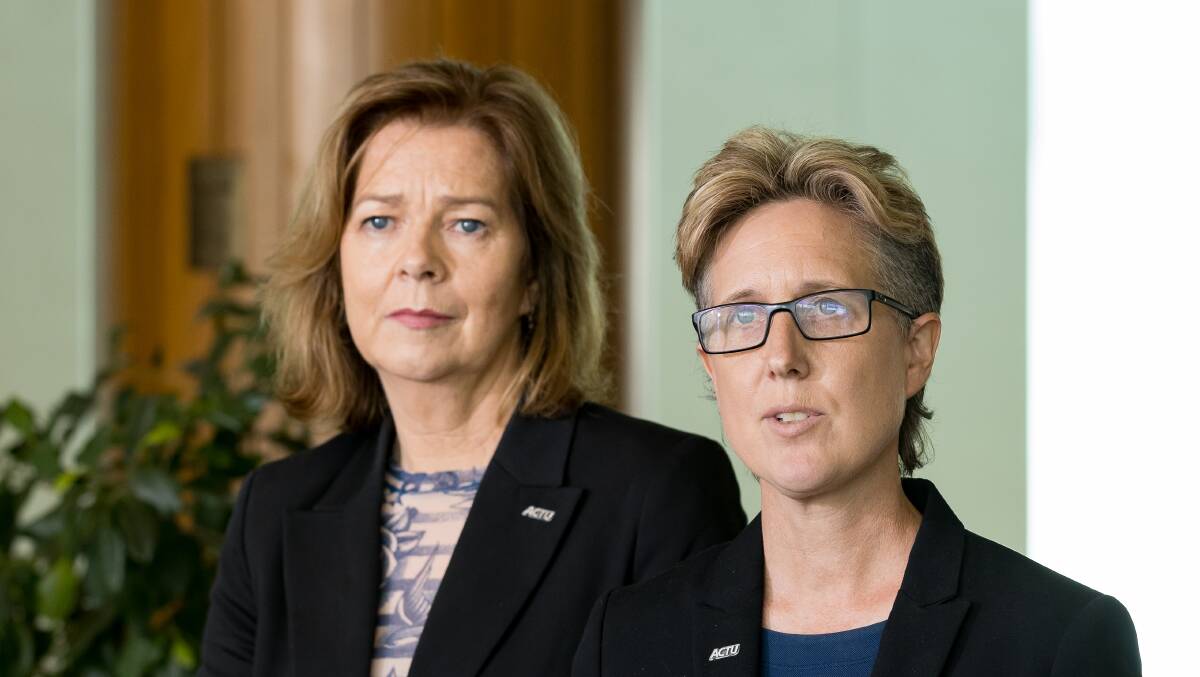 Australian Council of Trade Unions president Michele O'Neil (left) and secretary Sally McManus (right) speak to media at Parliament House. Picture: Sitthixay Ditthavong