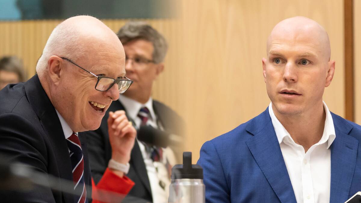 Bureau of Meteorology chief executive Dr Andrew Johnson, left, and ACT senator David Pocock, right, at Friday's estimates hearing. Pictures by Keegan Carroll