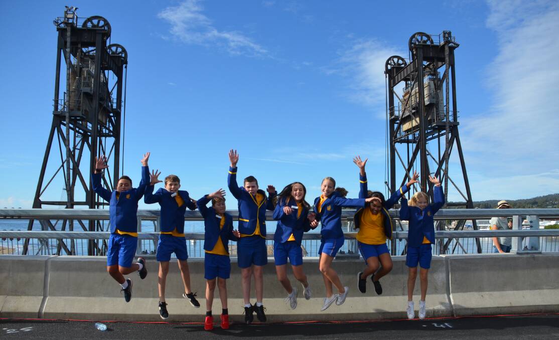 Pupils of Batemans Bay Public School celebrate new bridge opening. Photo: Claudia Ferguson