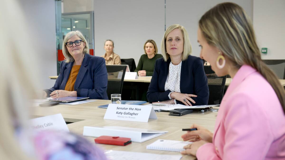 Chair Sam Mostyn, Minister for Women Katy Gallagher and Minderoo Foundations Generation One director Shelley Cable at the inaugural meeting of the Women's Economic Equality Taskforce. Picture by James Croucher