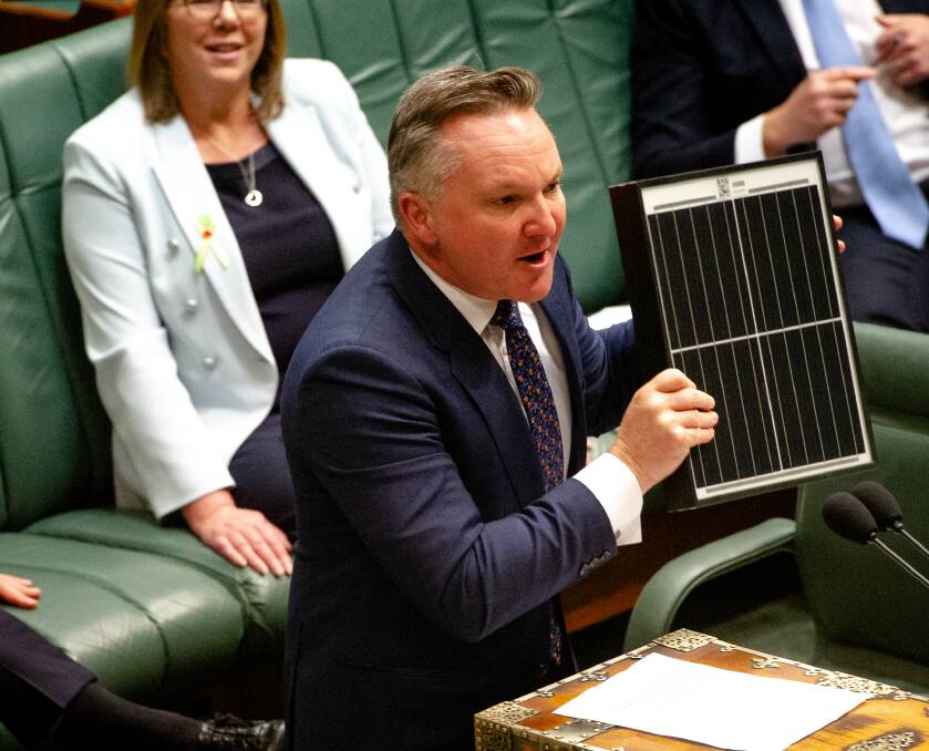 Labor MP Chris Bowen brandishes a solar panel in the House of Representatives channelling Scott Morrison's coal moment. Picture: Elesa Kurtz