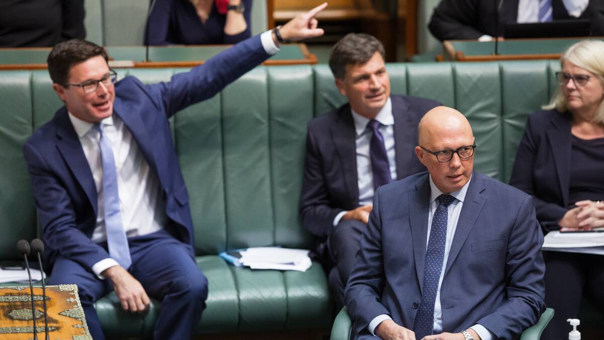 Nationals leader David Littleproud, Angus Taylor, and Opposition leader Peter Dutton. Picture by Sitthixay Ditthavong