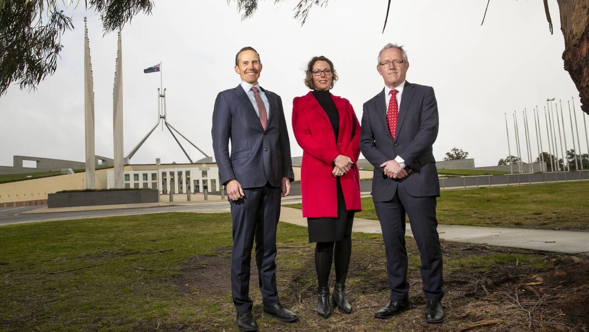 Federal ACT Labor members, Andrew Leigh, Alicia Payne and David Smith. Picture: Keegan Carroll 
