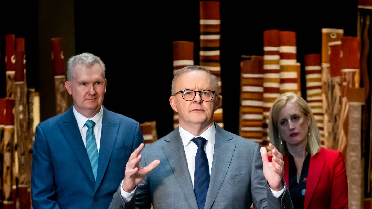 Prime Minister, Anthony Albanese, with Tony Burke and Katy Gallagher, announcing the funding to the cultural institutions. Picture by Elesa Kurtz