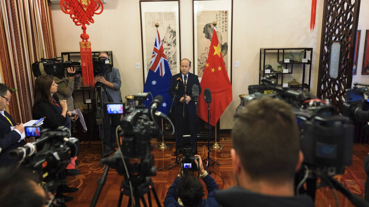 Chinese ambassador to Australia Xiao Qian addresses the media. Picture by Keegan Carroll