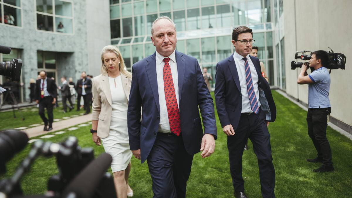 Senator Bridget McKenzie, Deputy Prime Minister Barnaby Joyce and Agriculture Minister David Littleproud. Picture: Dion Georgopoulos