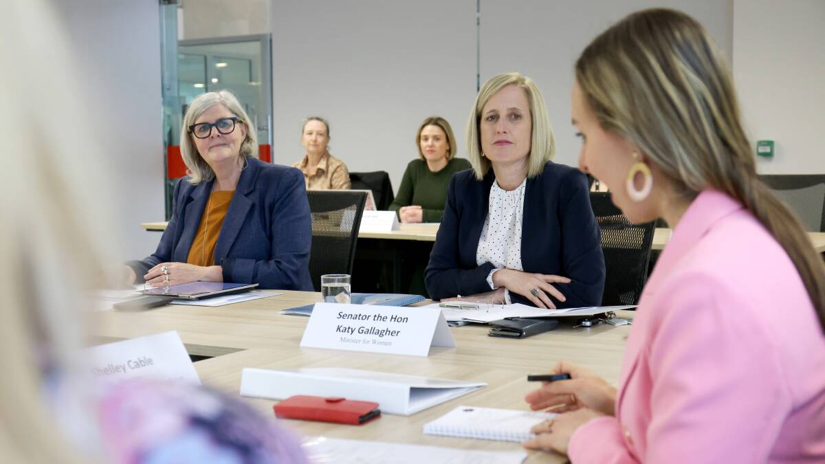 Sam Mostyn, Chair, the Minister for Women Katy Gallagher and Shelley Cable, Director of Minderoo Foundations Generation One at the inaugural meeting of the Womens Economic Equality Taskforce at the Department of the Prime Minister and Cabinet building. Picture by James Croucher