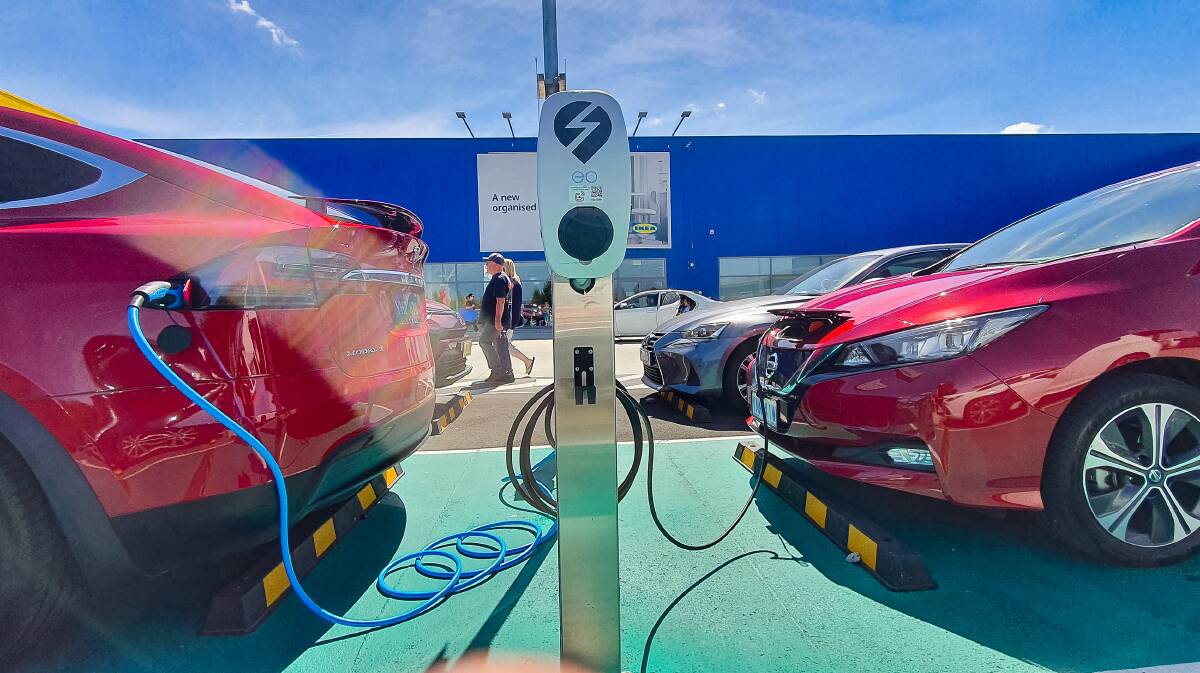 Electric vehicles being charged at IKEA Canberra. Picture: Sitthixay Ditthavong