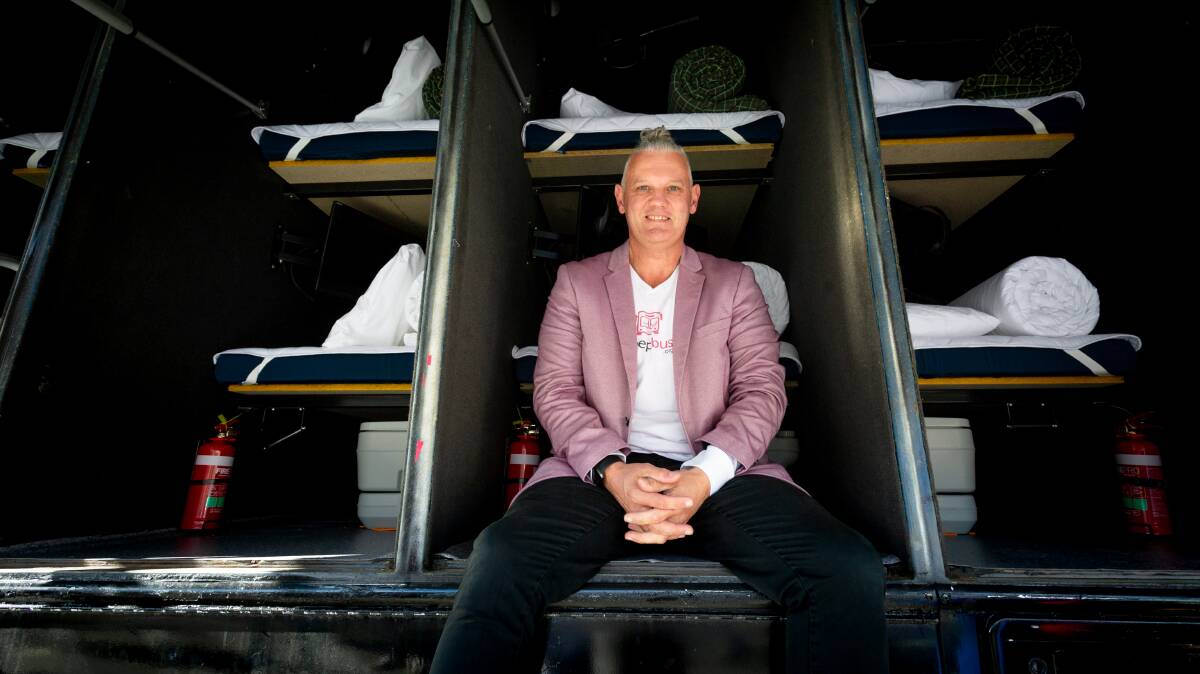 Sleepbus founder Simon Rowe has started the first pink bus in Canberra to help women and children sleeping rough on the streets. Picture: Elesa Kurtz