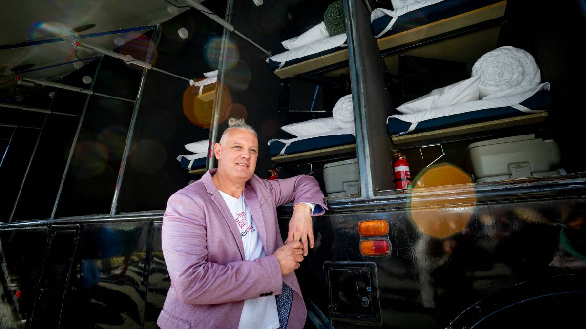 Sleepbus founder Simon Rowe has started the first pink bus in Canberra to help women and children sleeping rough on the streets. Picture: Elesa Kurtz