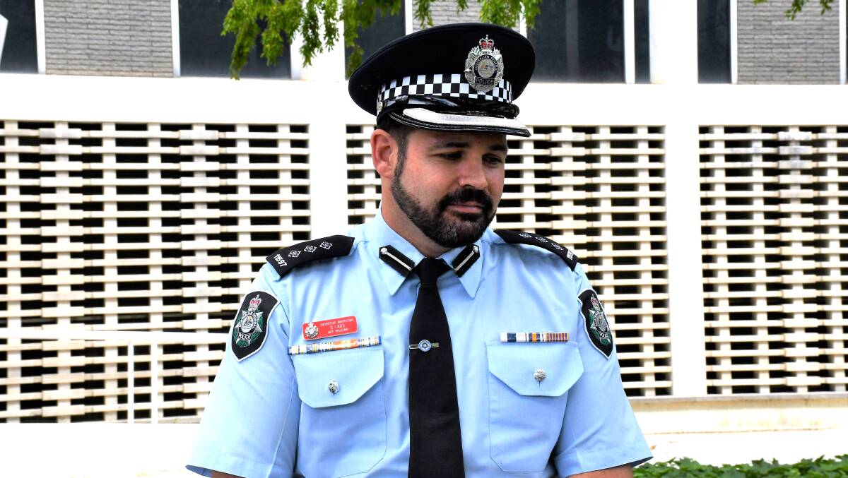 Detective Inspector Stephen Ladd addressed the media outside Canberra City Police Station on Thursday. Picture: Hannah Neale