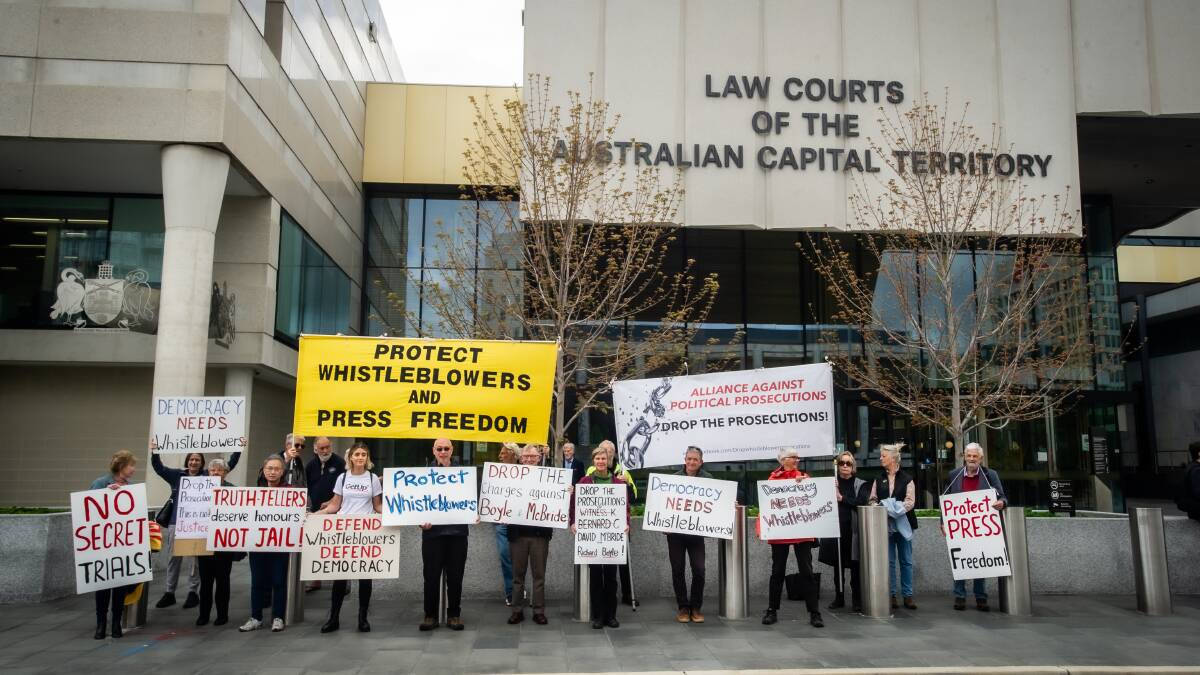 The rally in support of army whistleblower David McBride outside the ACT courts on Thrusday. Picture by Karleen Minney